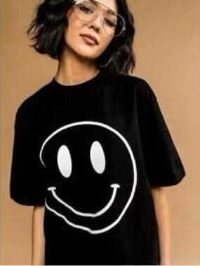 Dressed in LALA Black Tee with White Smiley Graphic